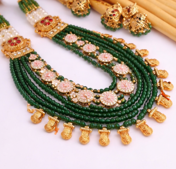 Traditional Green Bead Kundan Necklace Set with Gold Motifs and Matching Earrings