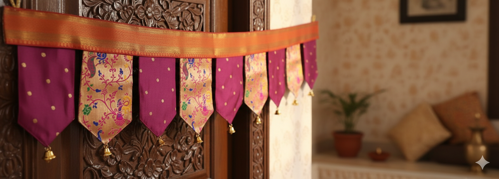 Royal Maroon & Gold Paithani Silk Toran with Peacock Motifs & Crystal Accents  Size 3ft