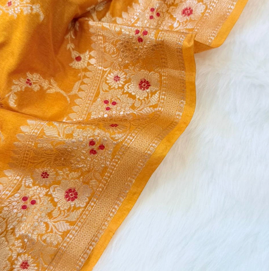 Mustard Yellow Woven Banarasi Silk Saree with Floral Zari Work