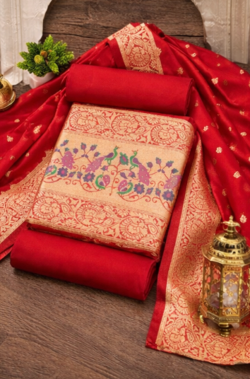 Crimson Desire: Deep Red Banarasi Silk Unstitched Suit with Minakari Peacock Weaving