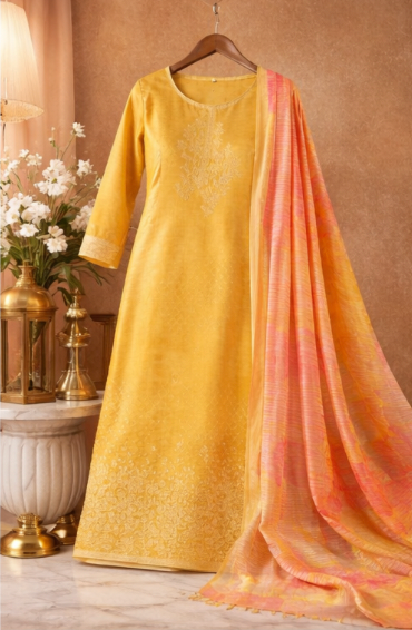 Royal Mustard: Embroidered Art Silk Unstitched Suit Set with Designer Printed Dupatta