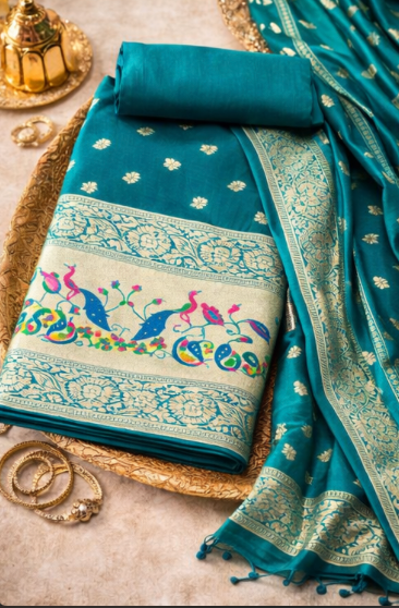 Regal Teal: Banarasi Silk Unstitched Suit Set with Minakari Peacock Border