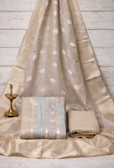 Designer Powder Blue Georgette Suit Set with Vertical Zari Embroidery & Banarasi Weave Dupatta