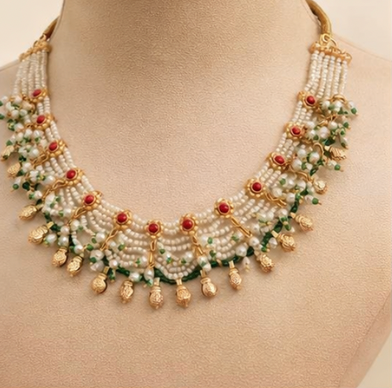 Traditional Pearl Ruby Choker Necklace Set with Green Bead Accents and Jhumka Earrings