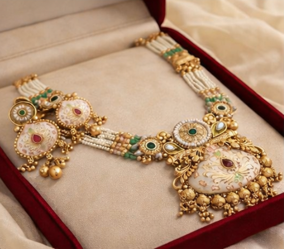 Traditional Meenakari Pearl Long Necklace Set with Statement Pendant and Earrings