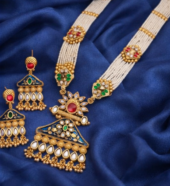 Traditional Meenakari Kundan Pearl Long Necklace Set with Matching Earrings
