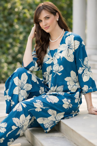 Teal Blue Floral Printed Ready-to-Wear Ladies Suit