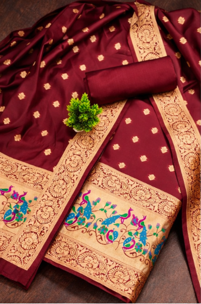 Crimson Desire: Deep Red Banarasi Silk Unstitched Suit with Minakari Peacock Weaving