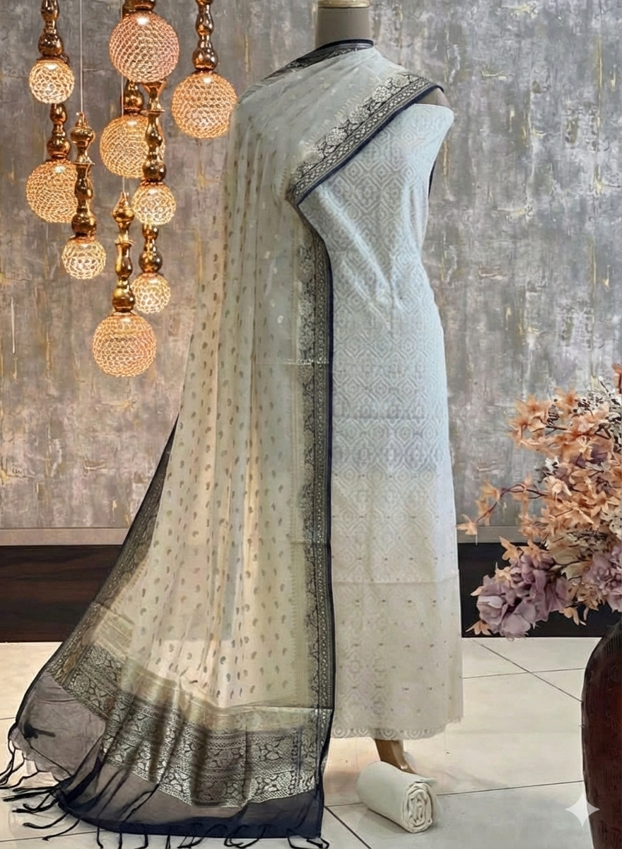 Premium Off-White Self-Design Cotton Suit Set with Navy Blue Banarasi Border Dupatta | Unstitched Dress Material
