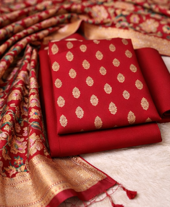Crimson Red Banarasi Silk Unstitched Salwar Kameez with Meena Weaving Dupatta