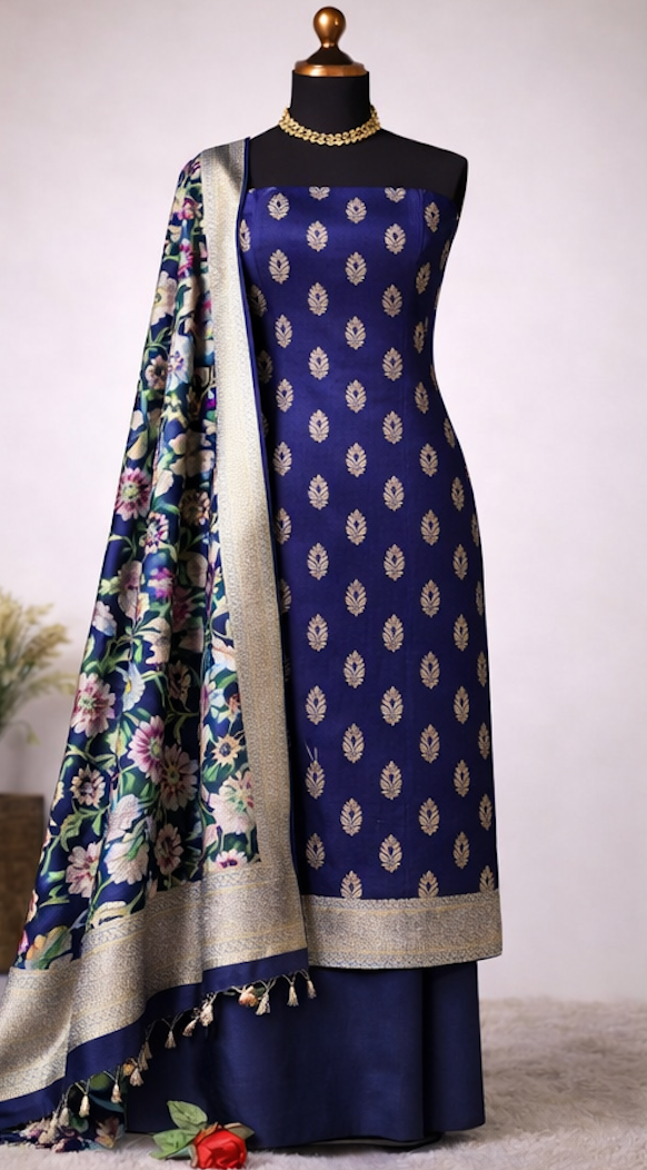 Royal Navy Blue Banarasi Silk Unstitched Salwar Kameez with Floral Kimkhab Dupatta