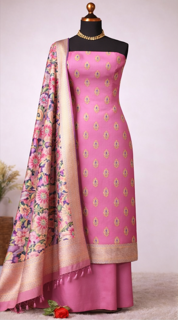 Blush Pink Banarasi Silk Unstitched Salwar Kameez with Meena Floral Dupatta