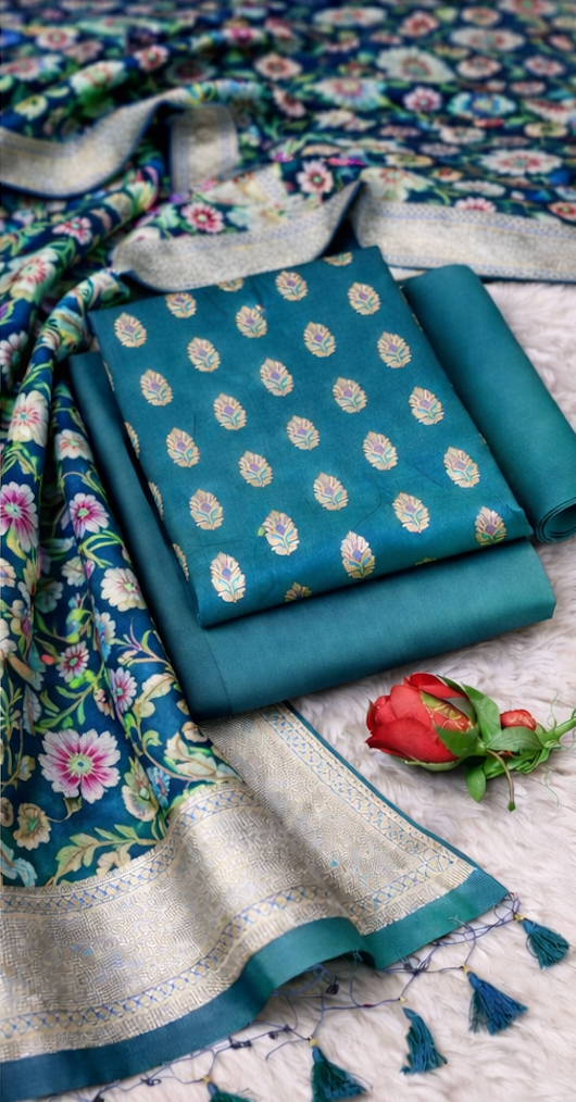 Teal Green Banarasi Silk Unstitched Salwar Kameez with Floral Kimkhab Dupatta