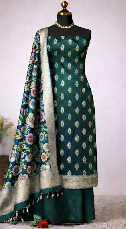 Bottle Green Banarasi Silk Unstitched Salwar Kameez with Floral Kimkhab Dupatta