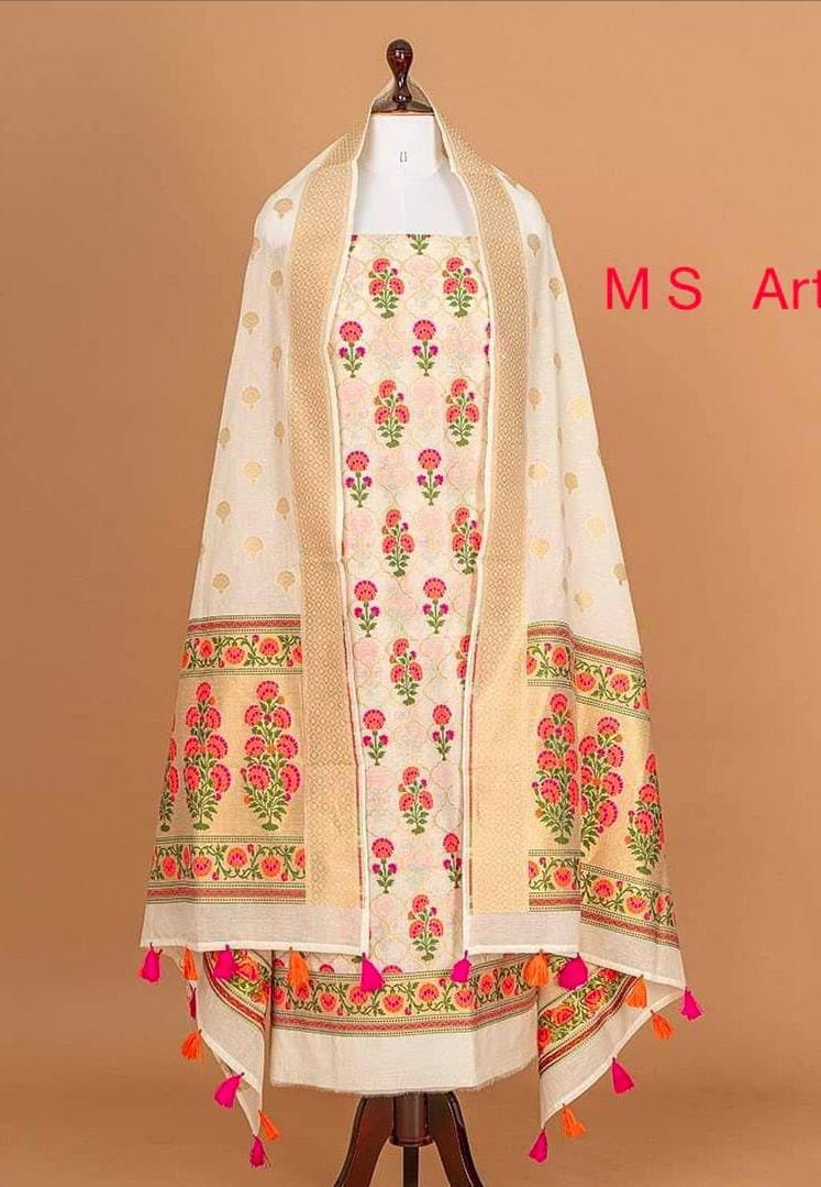 Elegant Cream & Pink Floral Woven Chanderi Silk Unstitched Suit Set