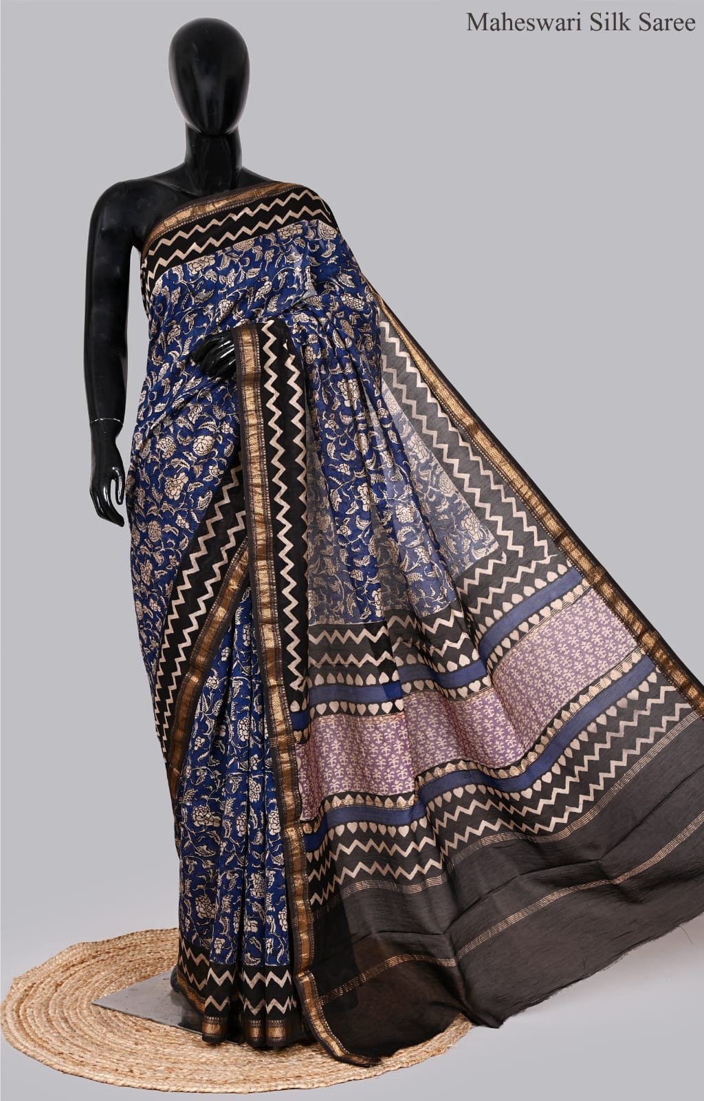 Regal Indigo Blue Maheswari Silk Saree with Traditional Block Prints