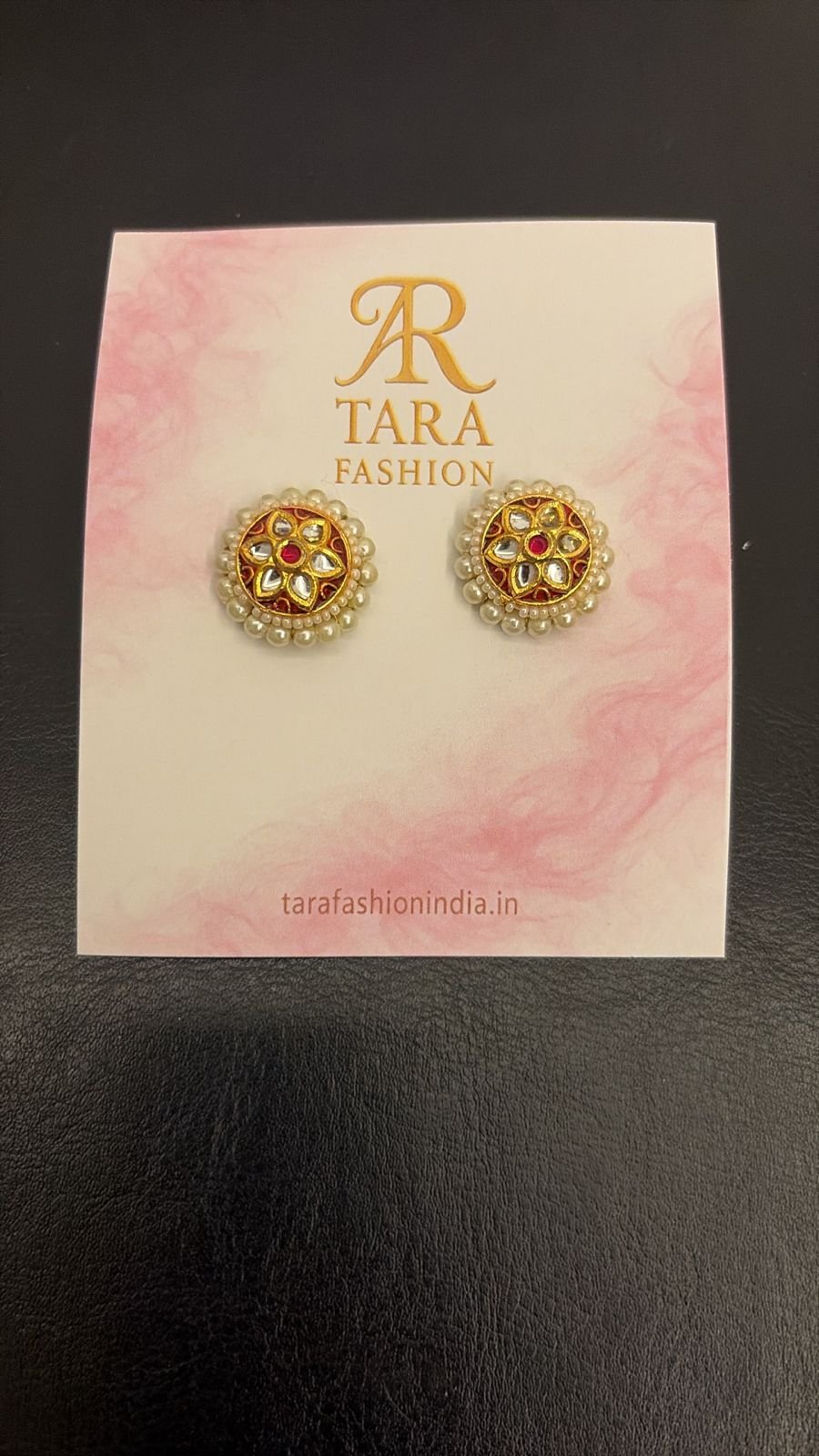 Royal Red Kundan Floral Round Stud Earrings with Pearl Border