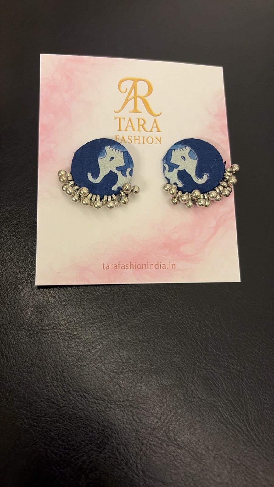 Indigo Block Print Elephant Fabric Studs with Oxidized Ghungroo