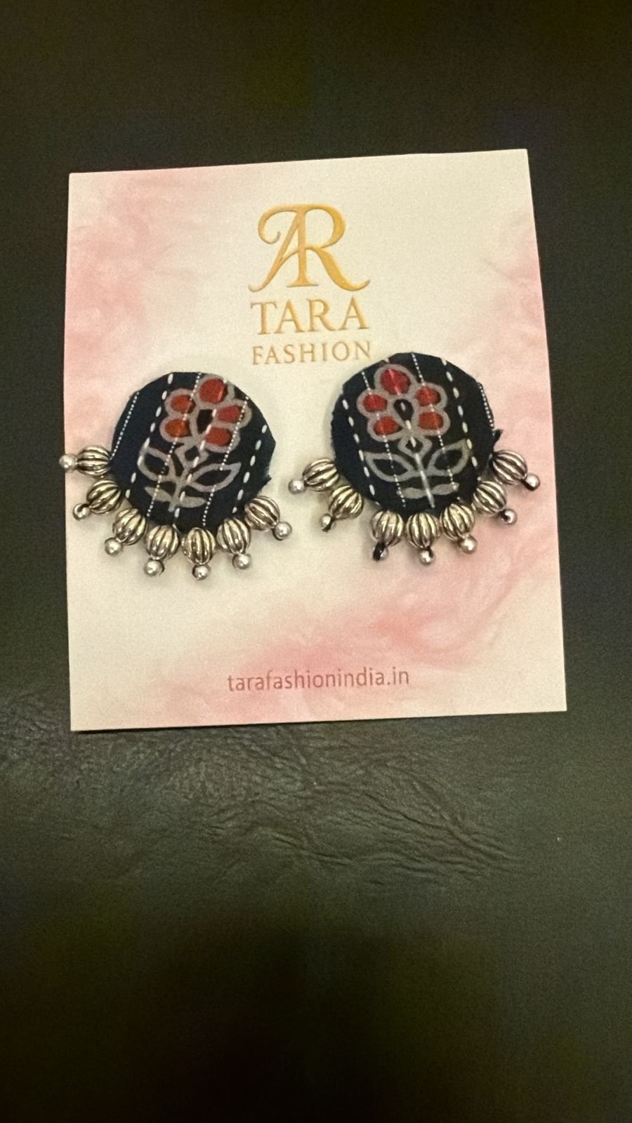 Floral Block-Print Round Fabric Earrings with Silver Bead Fringe