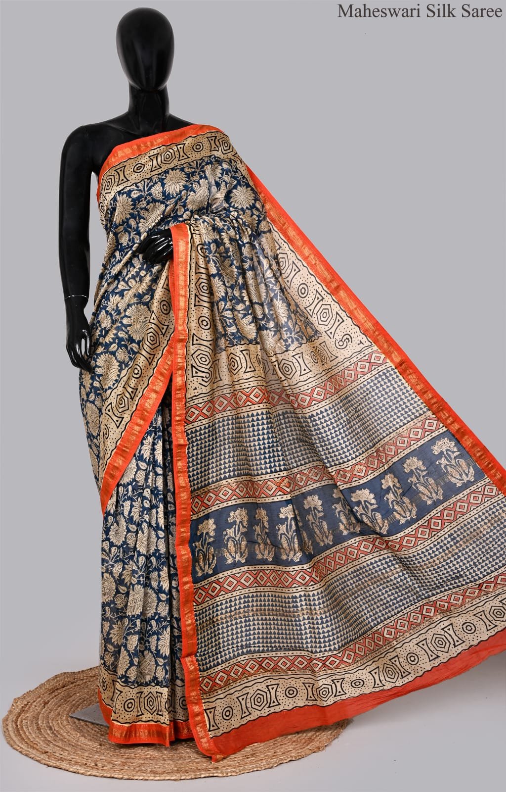 Indigo Blue and Beige Maheswari Silk Saree with Rust-Orange Border