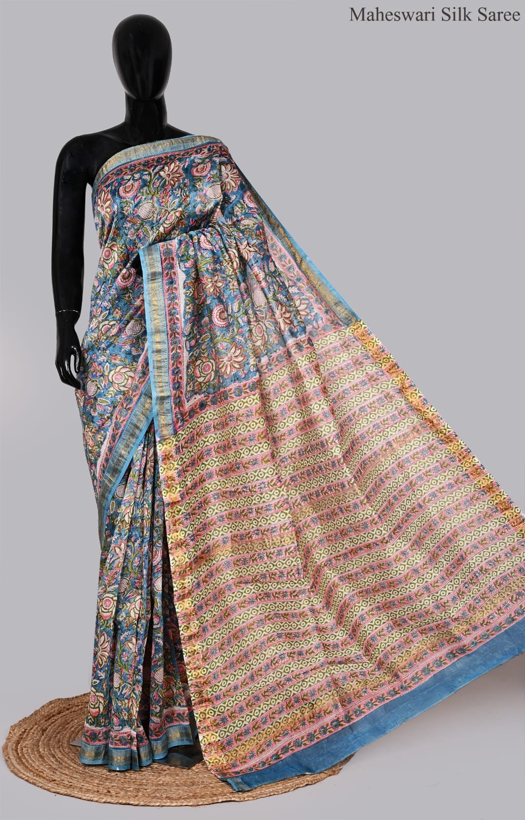 Turquoise Blue and Multi-Color Floral Maheswari Silk Saree