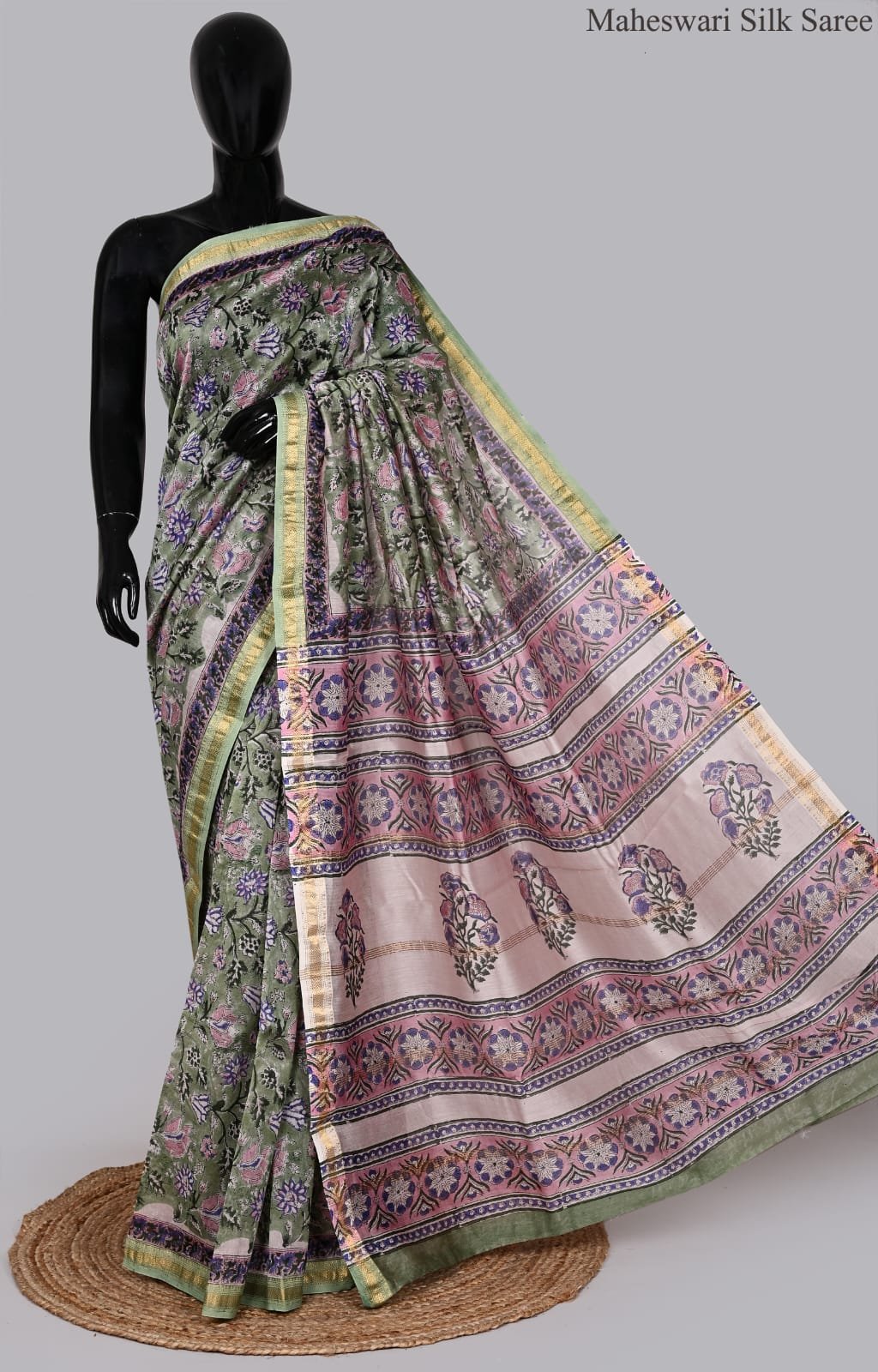 Olive Green and Mauve Pink Maheswari Silk Saree