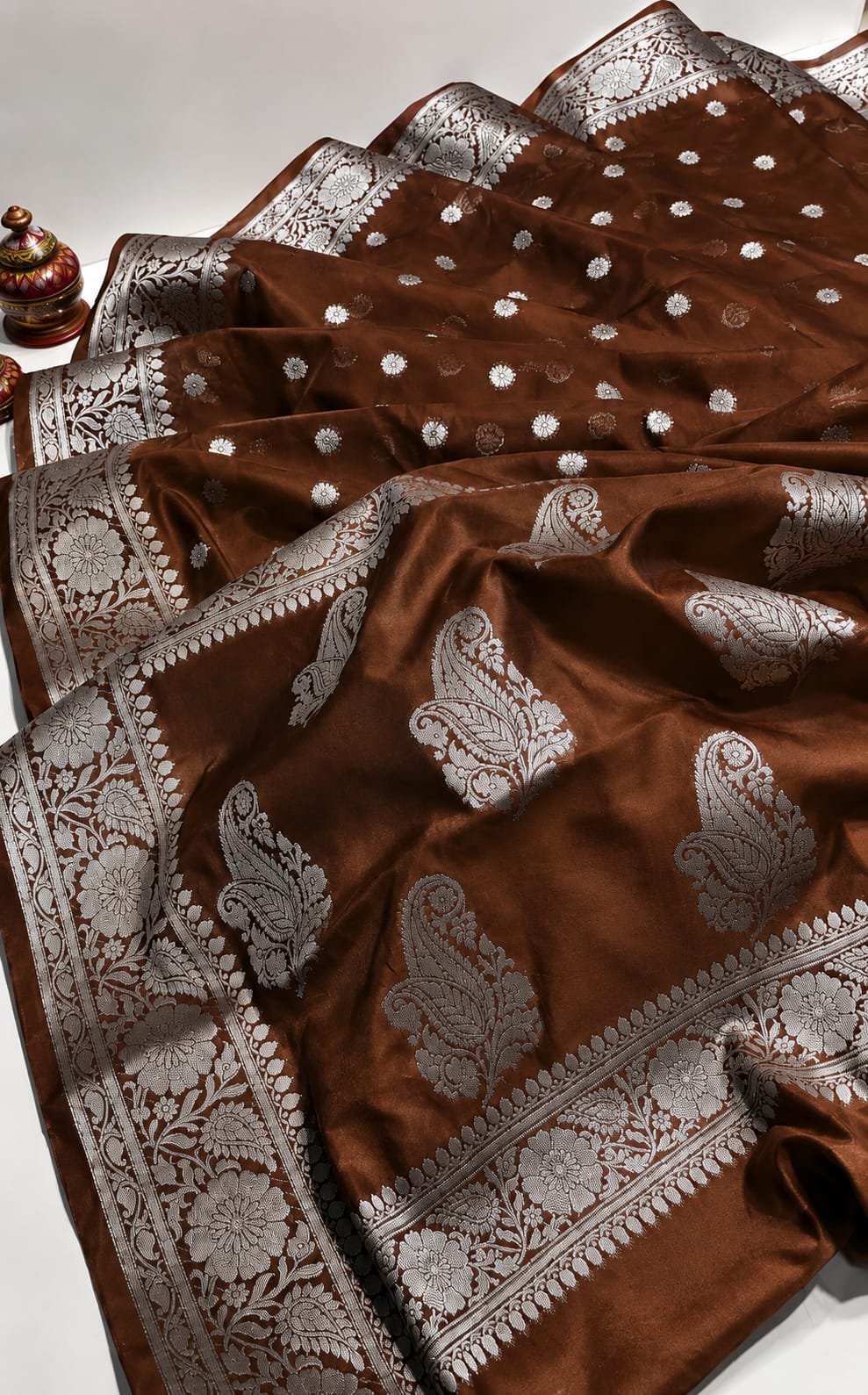 Elegant Coffee Brown Banarasi Katan Silk Saree with Silver Zari