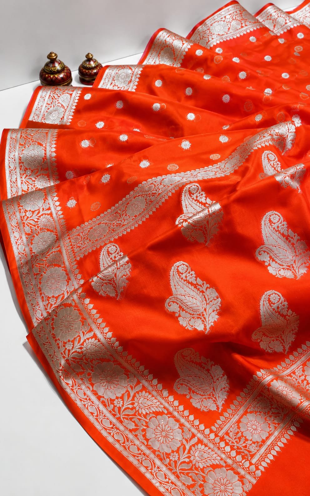 Vibrant Orange Banarasi Katan Silk Saree with Silver Zari