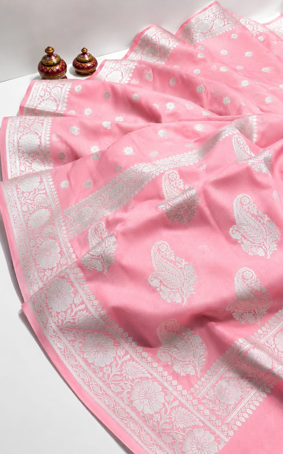 Elegant Pastel Pink Banarasi Katan Silk Saree with Silver Zari