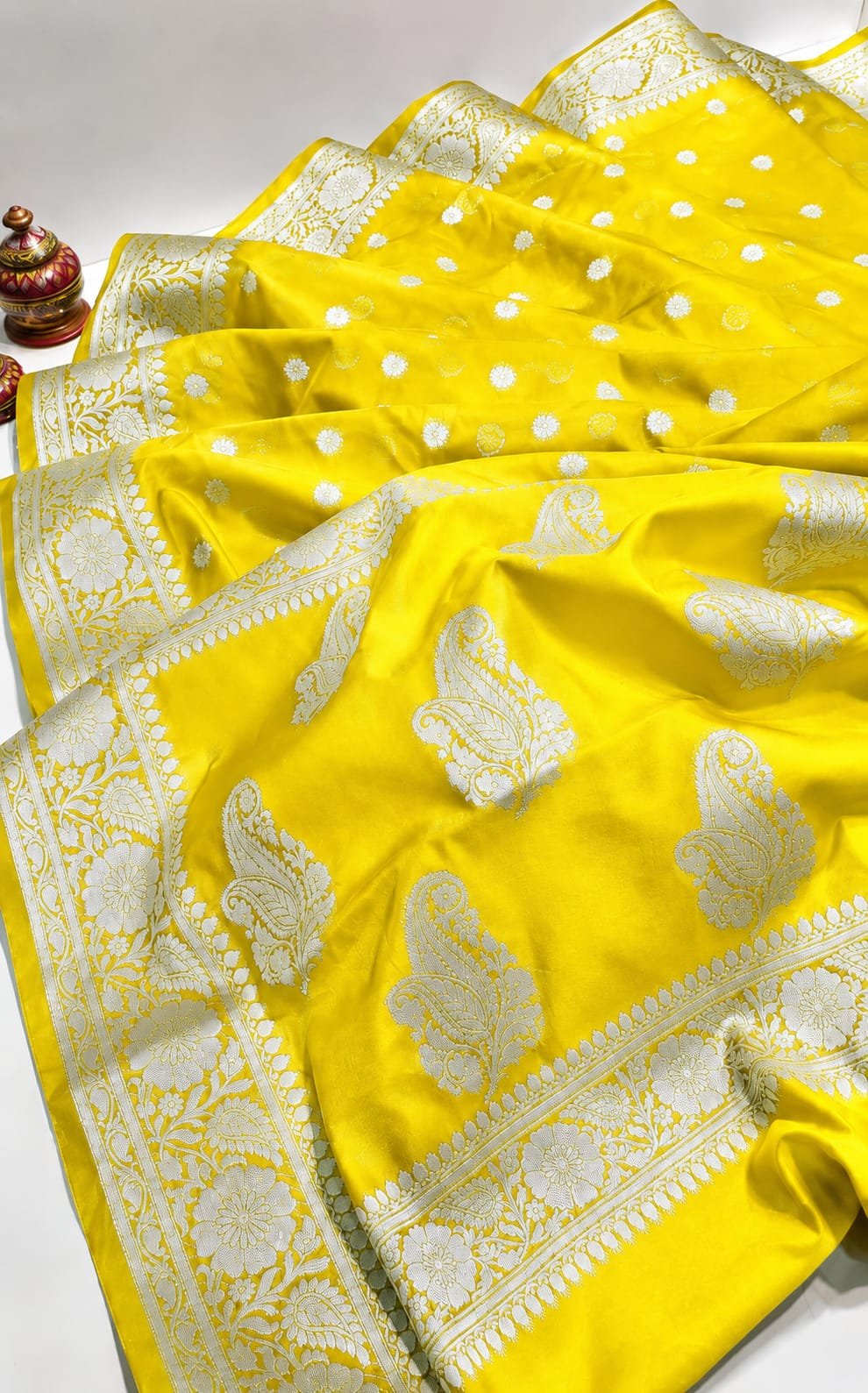Vibrant Yellow Katan Silk Banarasi Saree with Silver Zari Paisley Motifs