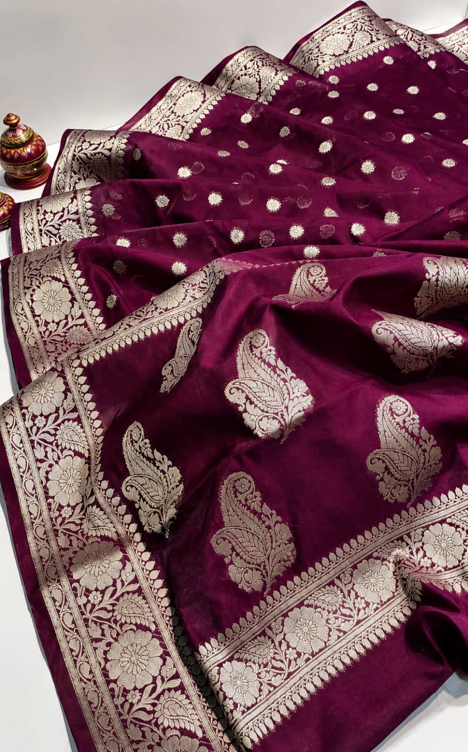 Regal Wine Maroon Katan Silk Banarasi Saree with Silver Zari Paisley Motifs