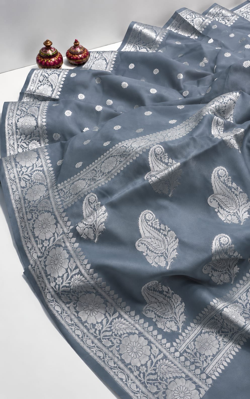 Elegant Metallic Grey Katan Silk Banarasi Saree with Silver Zari Paisley Motifs