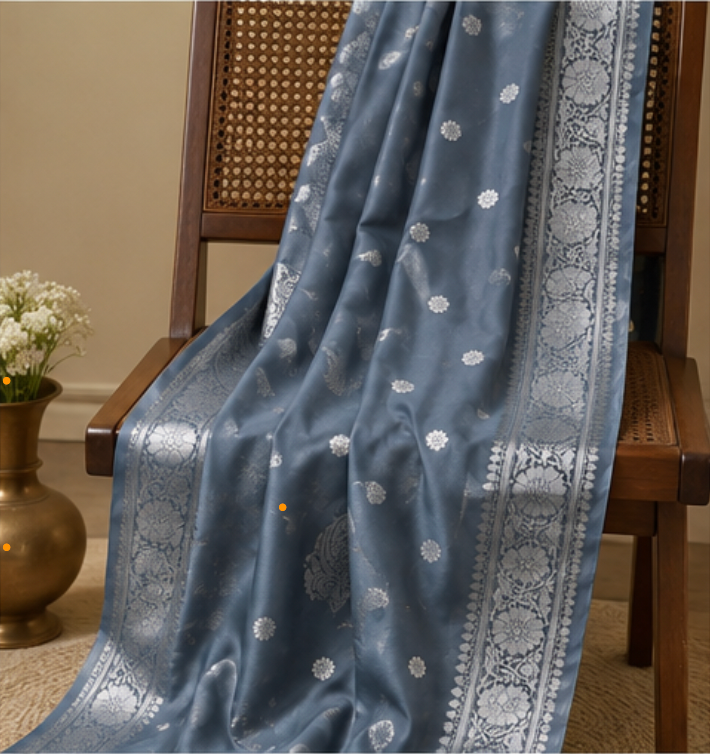 Elegant Metallic Grey Katan Silk Banarasi Saree with Silver Zari Paisley Motifs view 5