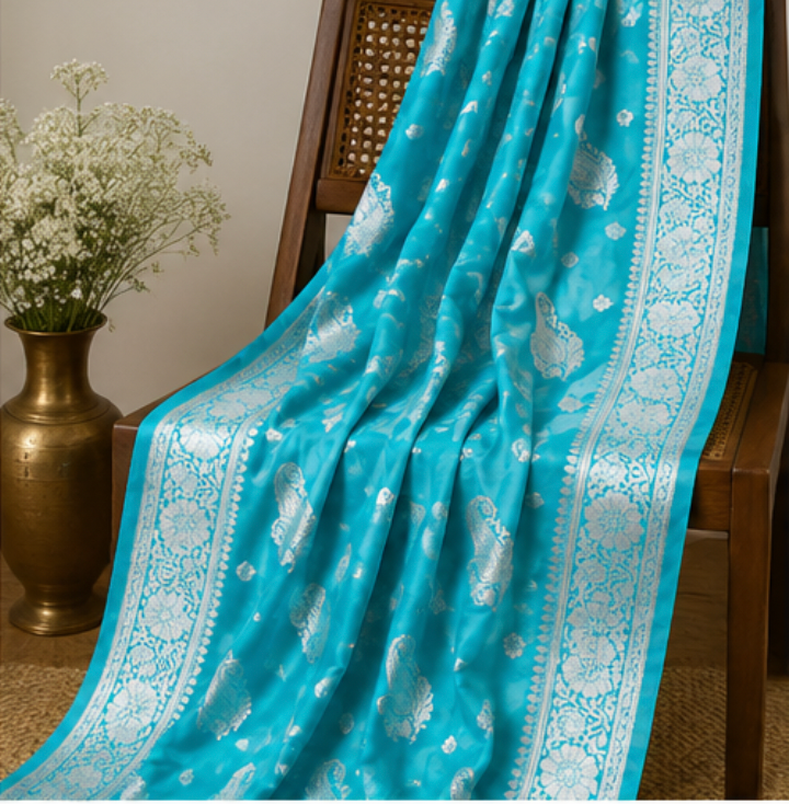 Enchanting Firozi Blue Katan Silk Banarasi Saree with Silver Zari Paisley Motifs view 5