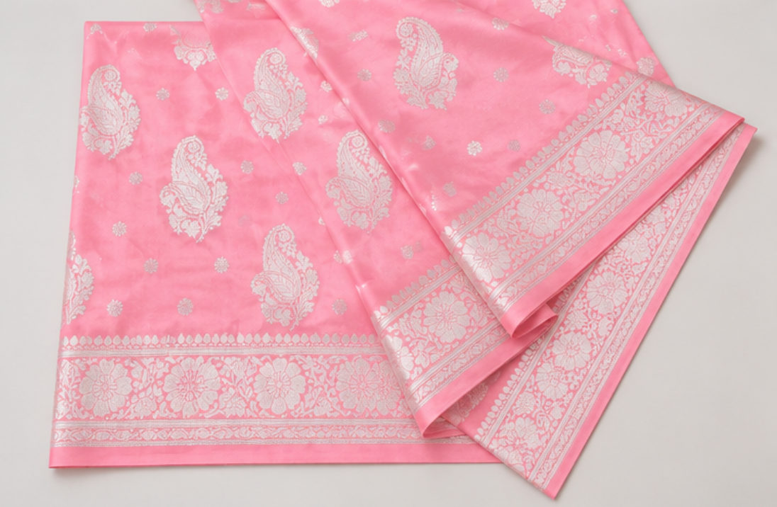 Elegant Pastel Pink Banarasi Katan Silk Saree with Silver Zari view 3