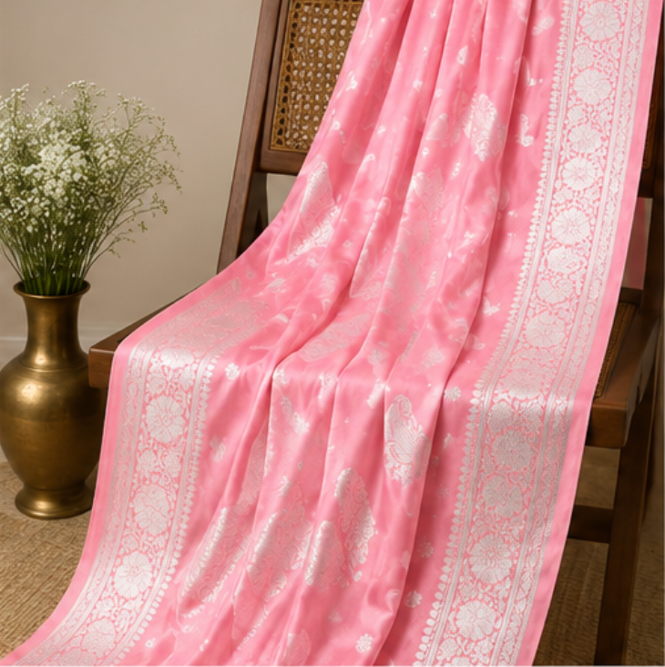 Elegant Pastel Pink Banarasi Katan Silk Saree with Silver Zari view 5