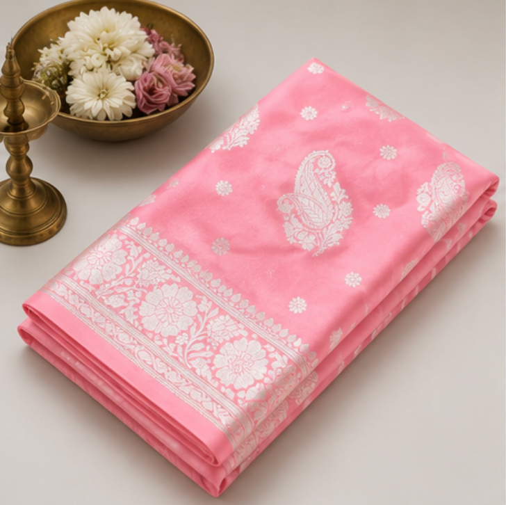 Elegant Pastel Pink Banarasi Katan Silk Saree with Silver Zari view 6