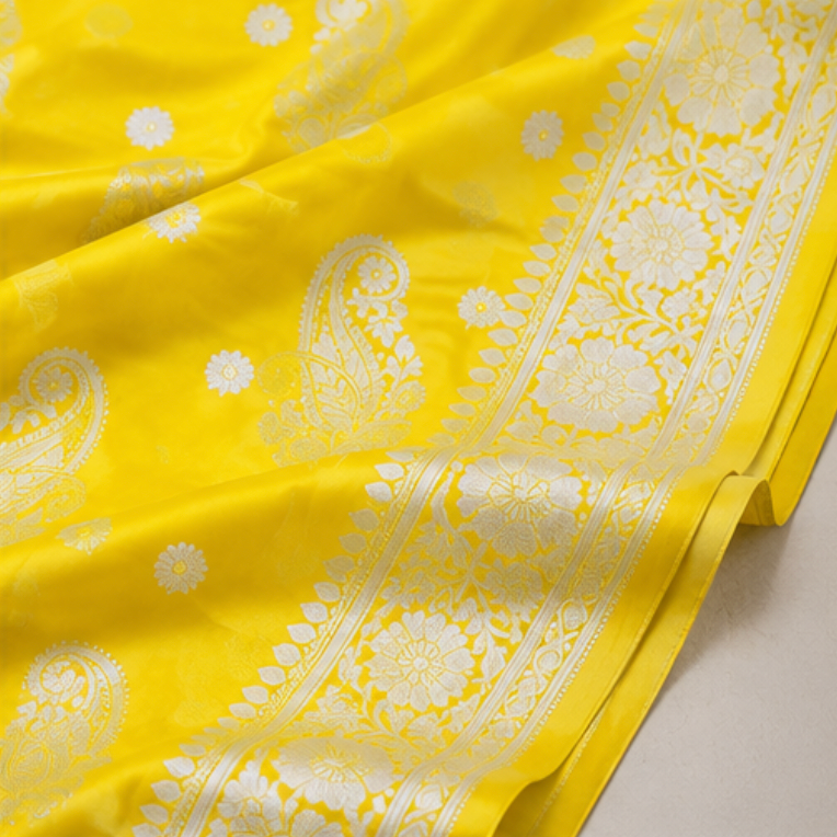 Vibrant Yellow Katan Silk Banarasi Saree with Silver Zari Paisley Motifs view 4