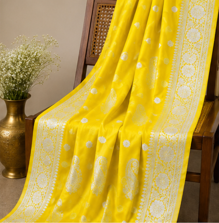 Vibrant Yellow Katan Silk Banarasi Saree with Silver Zari Paisley Motifs view 5