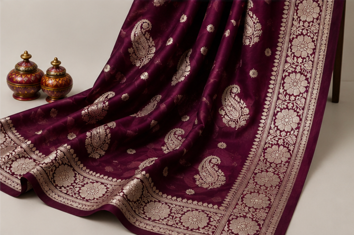 Regal Wine Maroon Katan Silk Banarasi Saree with Silver Zari Paisley Motifs view 2