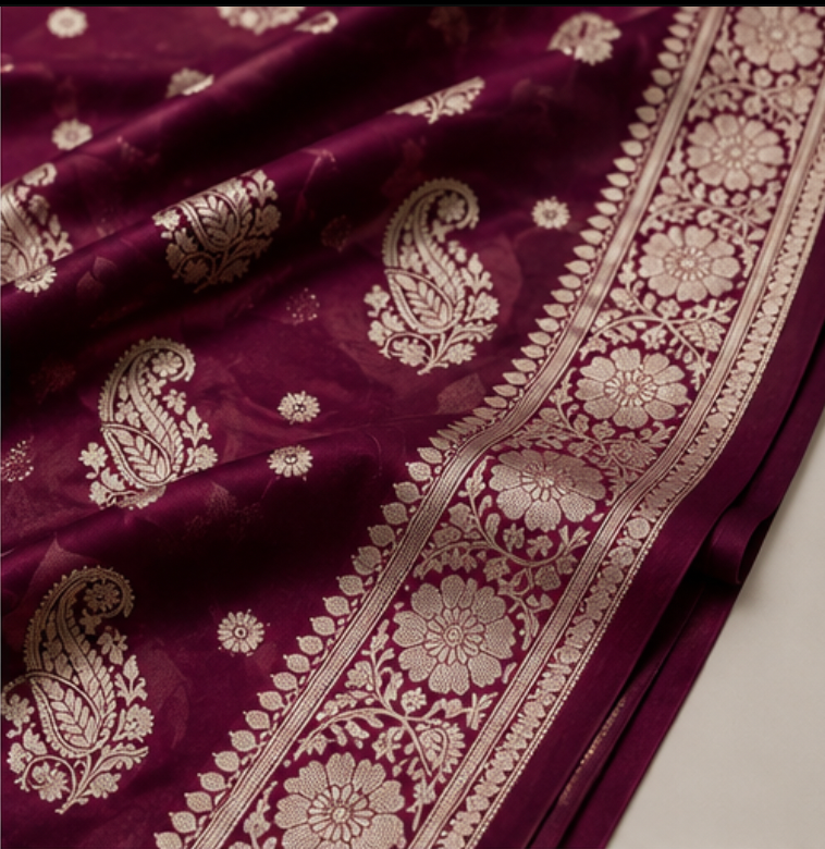 Regal Wine Maroon Katan Silk Banarasi Saree with Silver Zari Paisley Motifs view 4