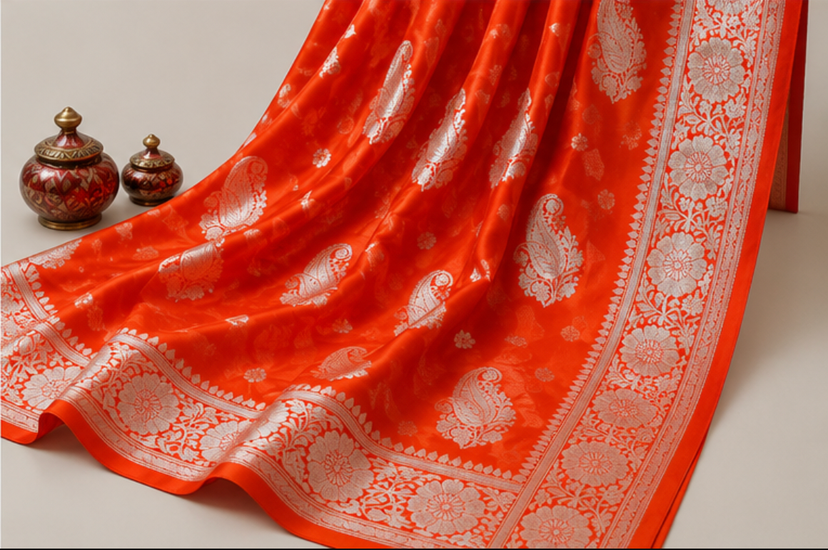 Vibrant Orange Banarasi Katan Silk Saree with Silver Zari view 2