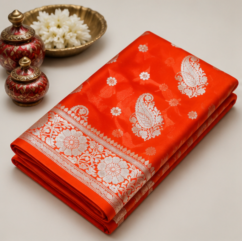 Vibrant Orange Banarasi Katan Silk Saree with Silver Zari view 6