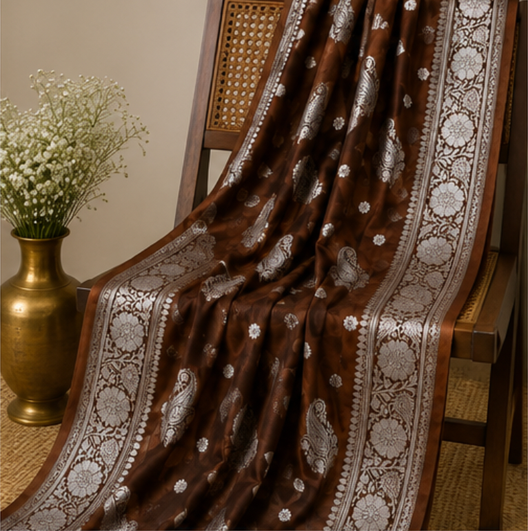 Elegant Coffee Brown Banarasi Katan Silk Saree with Silver Zari view 5
