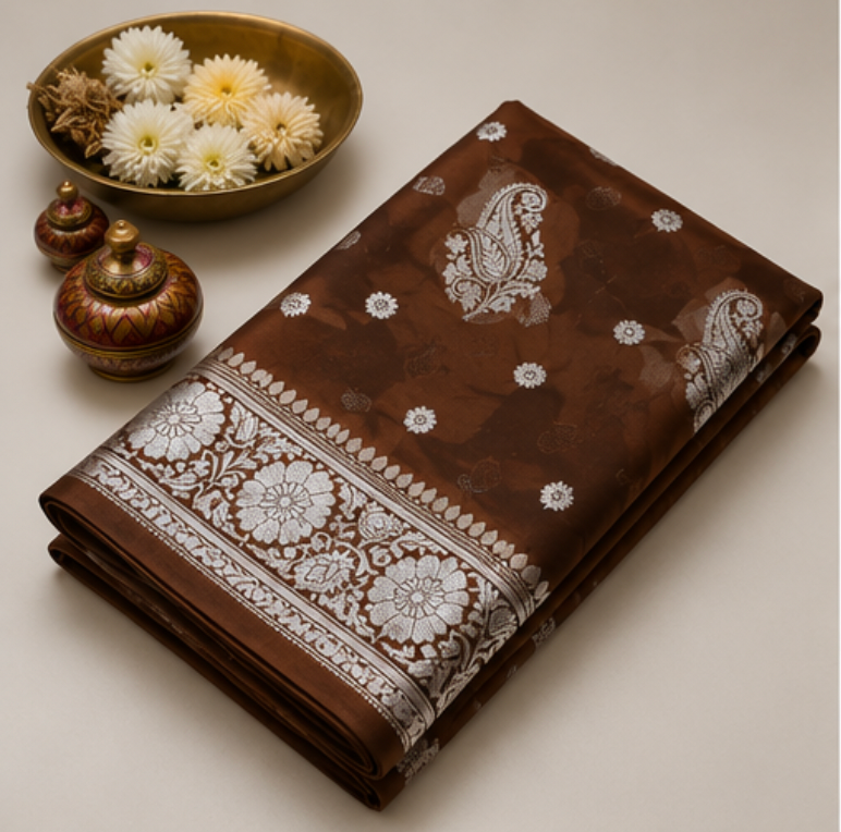 Elegant Coffee Brown Banarasi Katan Silk Saree with Silver Zari view 6