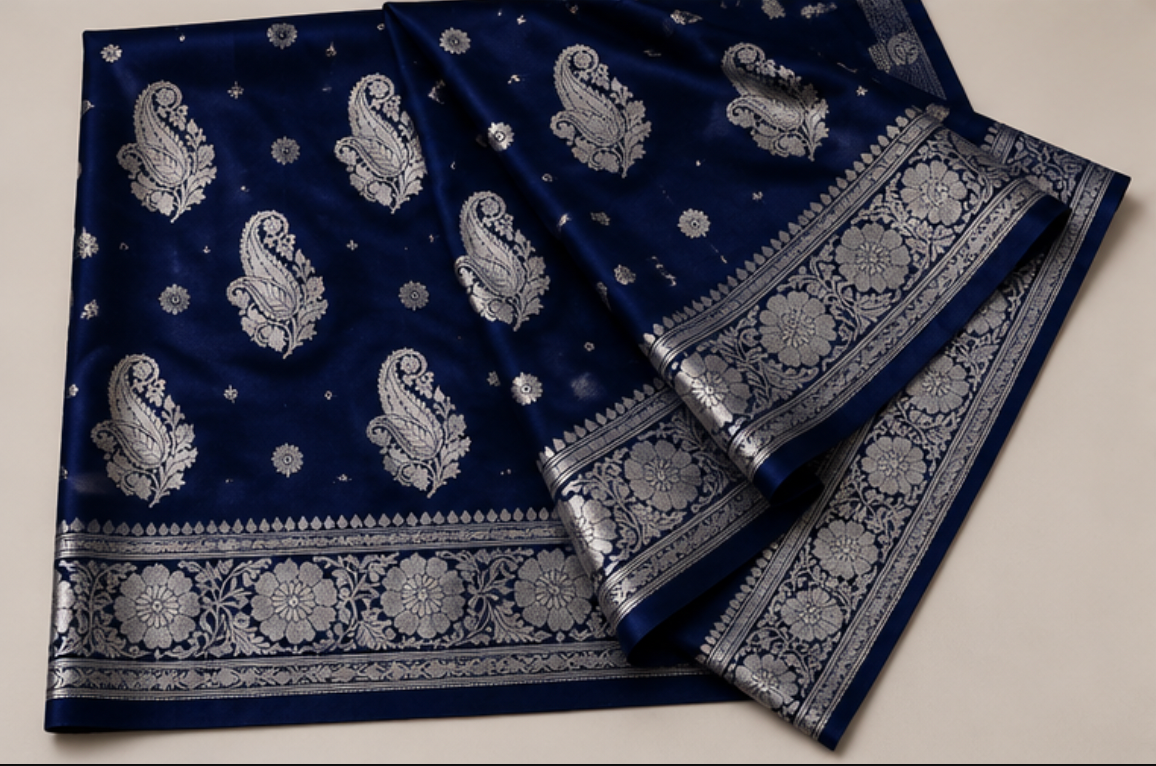 Royal Blue Banarasi Katan Silk Saree with Silver Zari view 3