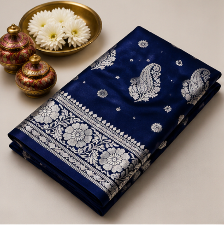 Royal Blue Banarasi Katan Silk Saree with Silver Zari view 6