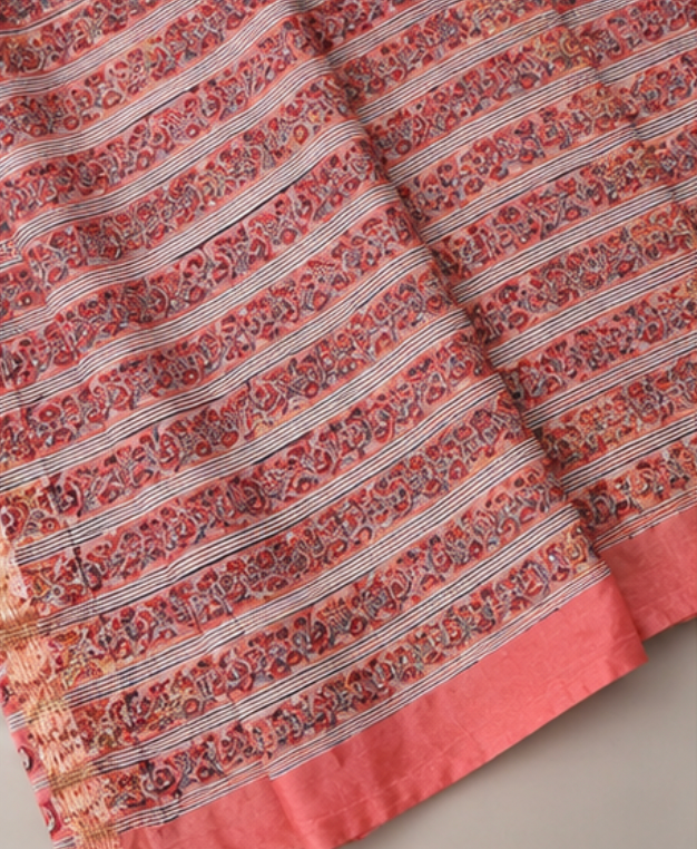 Peach Coral Maheswari Silk Saree with Circular Block Prints view 3