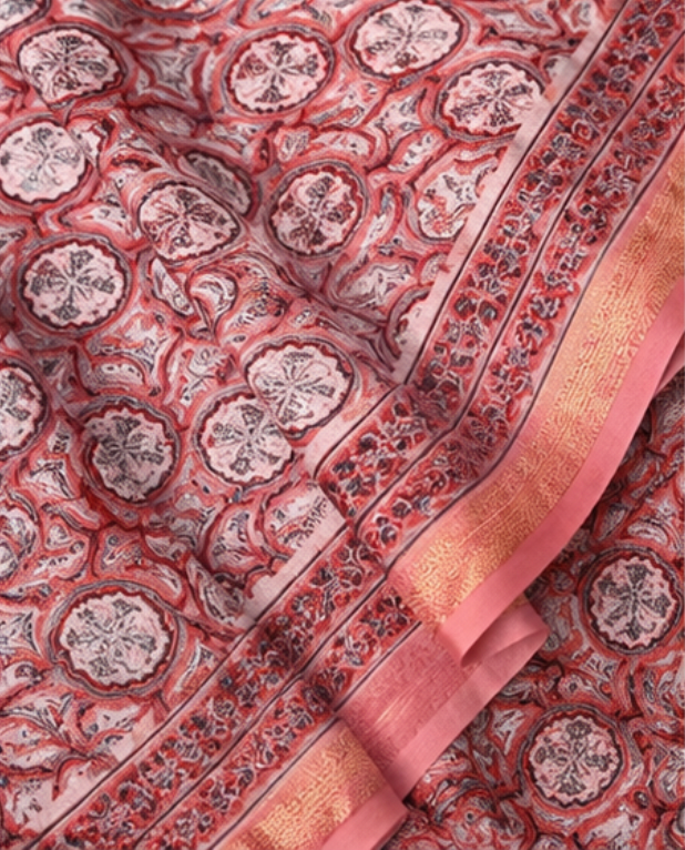 Peach Coral Maheswari Silk Saree with Circular Block Prints view 4