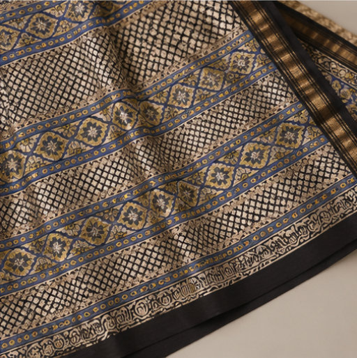 Royal Blue Maheswari Silk Saree with Traditional Block Prints view 2